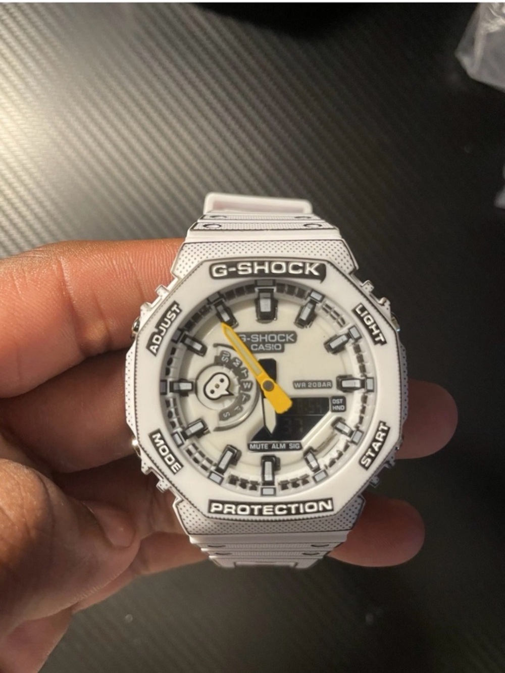 G-Shock White Resin Watch with Yellow Accent Hand